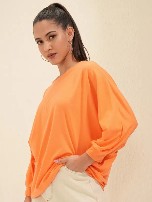 Suburbans  Women Orange Solid Round Neck Oversized Fit T-Shirt