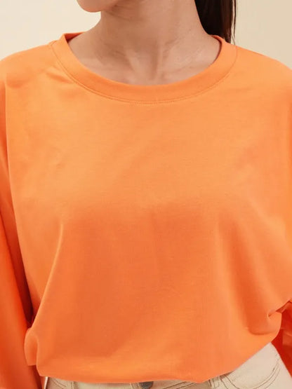 Suburbans  Women Orange Solid Round Neck Oversized Fit T-Shirt
