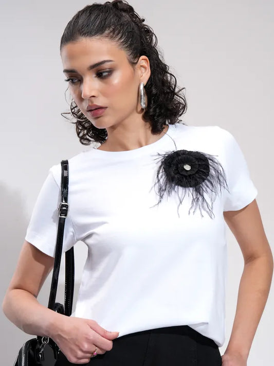 Suburbans  Women White Self Design Regular Fit Polo Collar T-Shirt