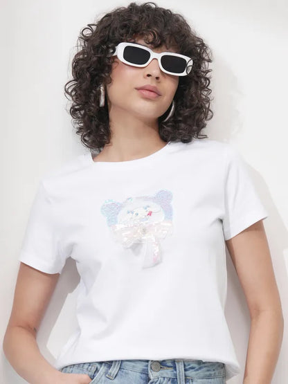 Suburbans   Women White Self Design Polo Collar Regular Fit Polo Collar T-Shirt