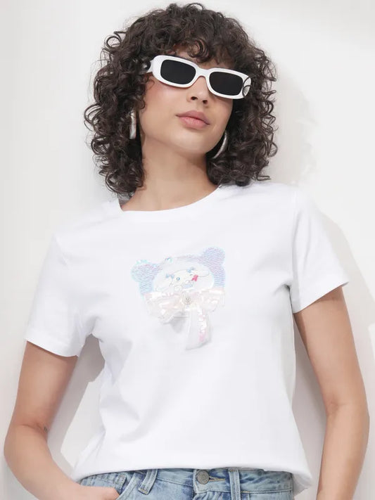 Suburbans   Women White Self Design Polo Collar Regular Fit Polo Collar T-Shirt