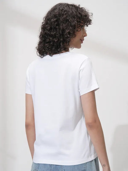 Suburbans   Women White Self Design Polo Collar Regular Fit Polo Collar T-Shirt