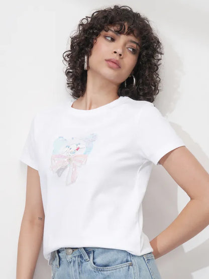 Suburbans   Women White Self Design Polo Collar Regular Fit Polo Collar T-Shirt