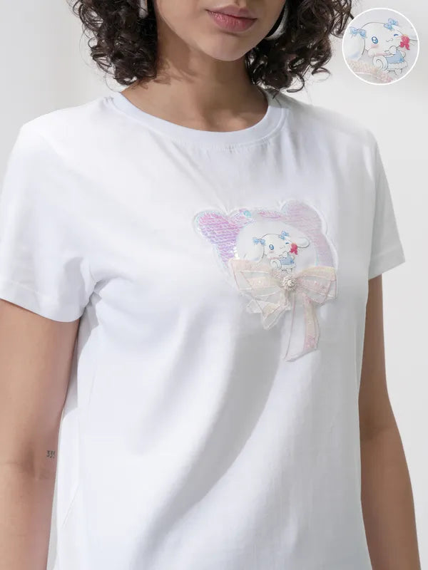Suburbans   Women White Self Design Polo Collar Regular Fit Polo Collar T-Shirt