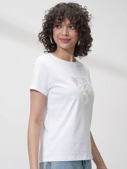 Suburbans   Women White Self Design Polo Collar Regular Fit Polo Collar T-Shirt
