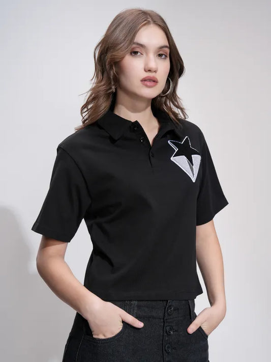 Suburbans  Women Black Self Design Polo Collar Relaxed Fit T-Shirt