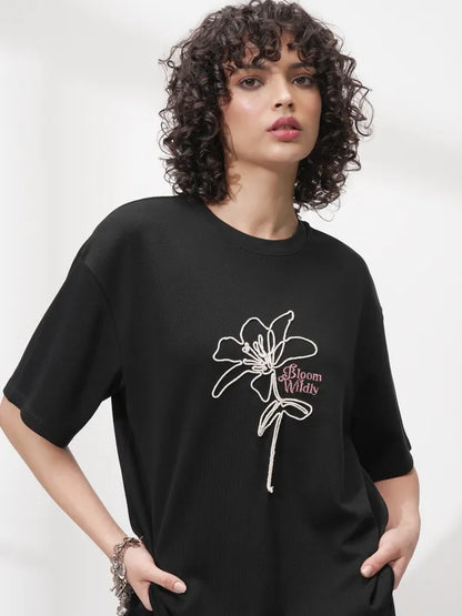 Suburbans   Women Black Self Design Round Neck Oversized Fit T-Shirt