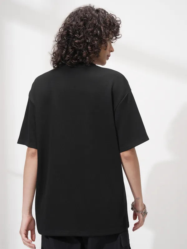Suburbans   Women Black Self Design Round Neck Oversized Fit T-Shirt