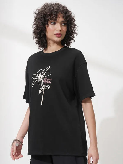 Suburbans   Women Black Self Design Round Neck Oversized Fit T-Shirt
