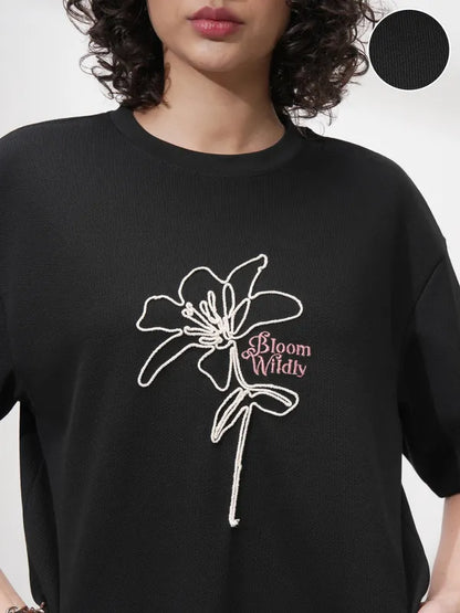 Suburbans   Women Black Self Design Round Neck Oversized Fit T-Shirt