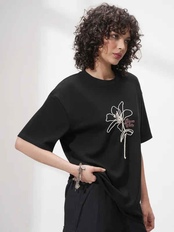 Suburbans   Women Black Self Design Round Neck Oversized Fit T-Shirt