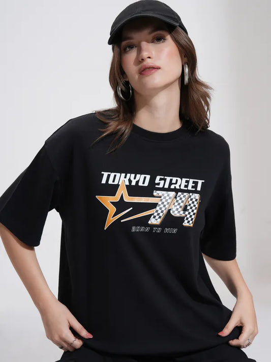Suburbans  Women Black Printed Round Neck Oversized Fit T-Shirt