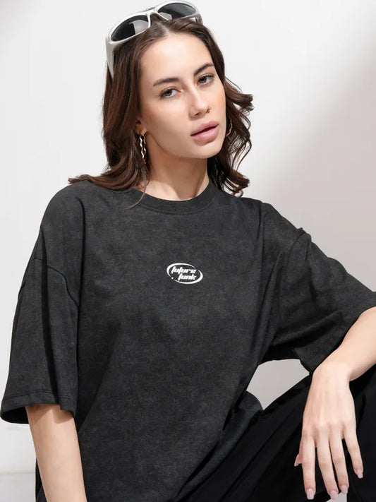 Suburbans  Women Black Printed Oversized Fit T-Shirt