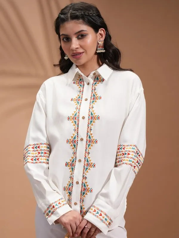 Suburbans  Women Off White Embroidered Casual Shirts