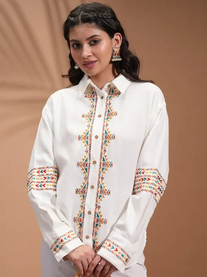 Suburbans  Women Off White Embroidered Casual Shirts