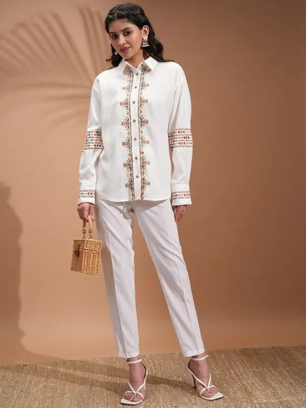 Suburbans  Women Off White Embroidered Casual Shirts