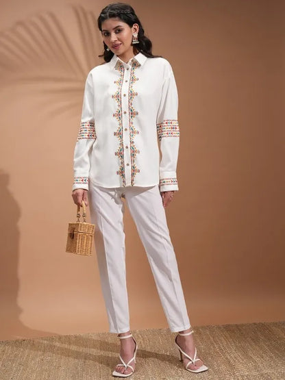 Suburbans  Women Off White Embroidered Casual Shirts