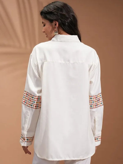 Suburbans  Women Off White Embroidered Casual Shirts