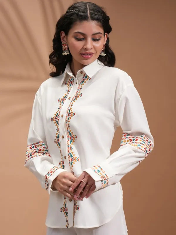 Suburbans  Women Off White Embroidered Casual Shirts