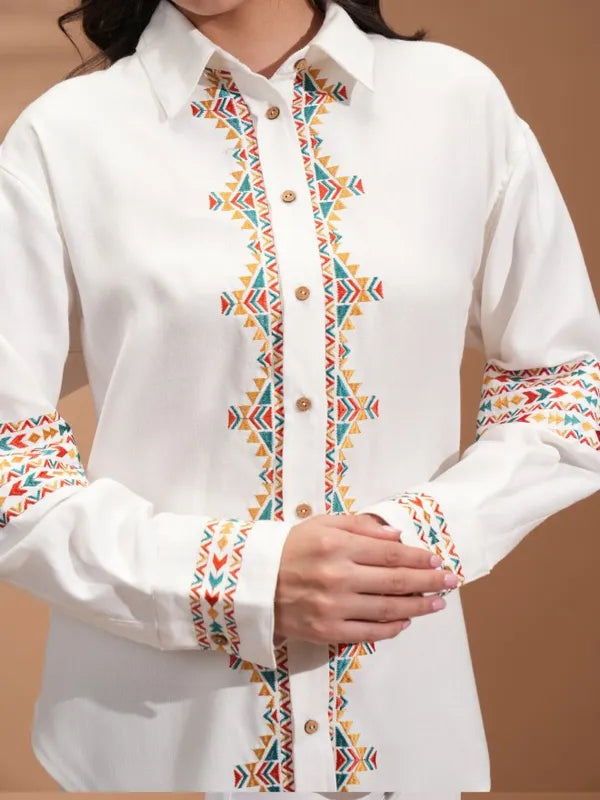 Suburbans  Women Off White Embroidered Casual Shirts