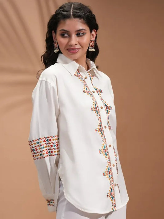 Suburbans  Women Off White Embroidered Casual Shirts