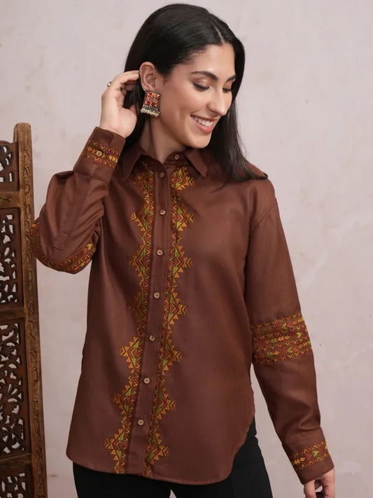 Suburbans  Women Brown Embroidered Casual Shirts