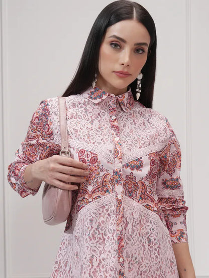 Suburbans  Women Pink Printed Regular Fit Casual Shirt