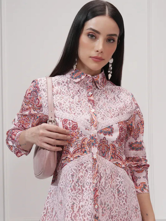 Suburbans  Women Pink Printed Regular Fit Casual Shirt