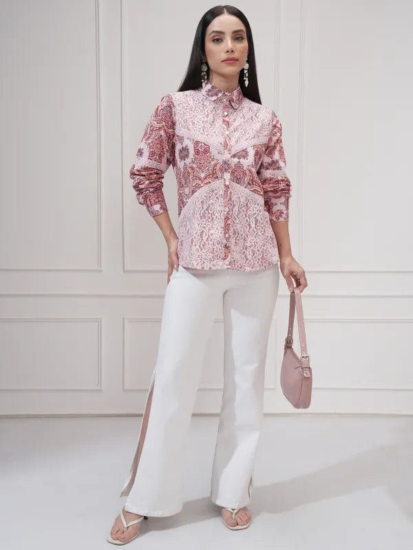 Suburbans  Women Pink Printed Regular Fit Casual Shirt