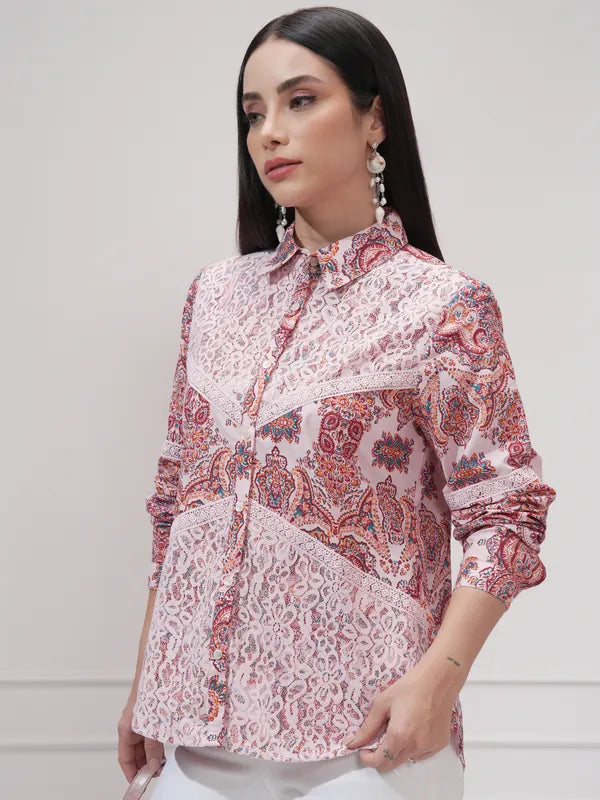 Suburbans  Women Pink Printed Regular Fit Casual Shirt