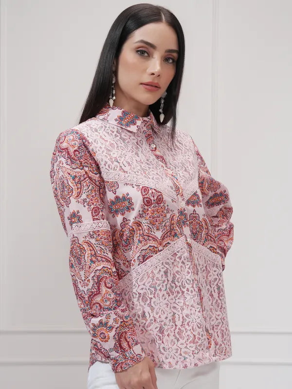 Suburbans  Women Pink Printed Regular Fit Casual Shirt