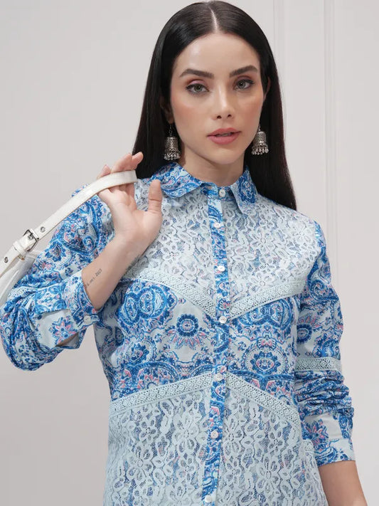Suburbans  Women Blue Printed Regular Fit Casual Shirt
