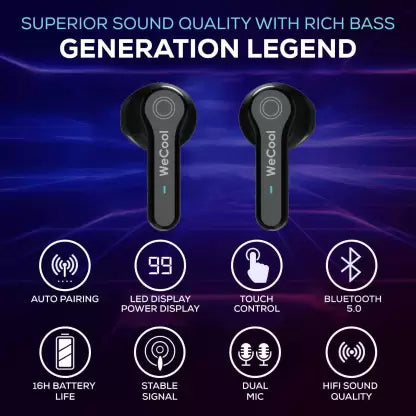 (Open Box) WeCool M-M2 in Ear True Wireless Bluetooth Headset, smart touch control Bluetooth Headset (Black, In the Ear)