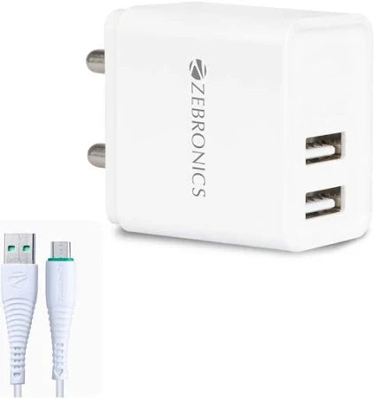 ZEBRONICS Multiport Mobile Charger with Detachable Cable  (white)